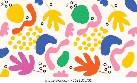 Abstract artwork featuring bold leaf silhouettes, circles, and expressive brush-like forms in a lively color palette.
