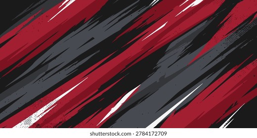 Abstract artwork featuring dynamic red, grey, and white brushstrokes on black
