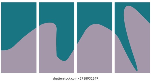 Um trabalho artístico abstrato com quatro painéis verticais com formas orgânicas fluidas em azul-petróleo e roxo-mudo, criando uma estética moderna e minimalista.