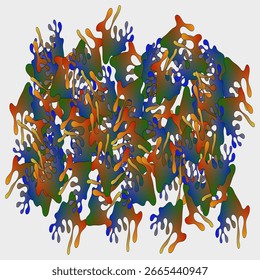 An abstract artwork featuring interlocking organic shapes in vibrant yellow, red, green, black, and gray. The fluid, amoeba-like forms overlap and create a dynamic, colorful composition on a light bac