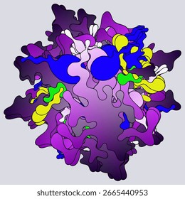 An abstract artwork featuring interlocking organic shapes in vibrant yellow, red, green, black, and gray. The fluid, amoeba-like forms overlap and create a dynamic, colorful composition on a light bac
