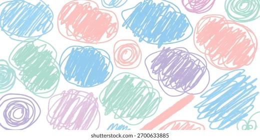 Abstract artwork featuring various colorful scribbled shapes against a white backdrop.