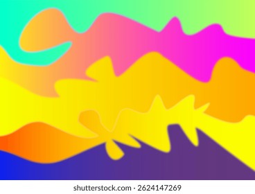 Abstract artwork featuring wavy, organic shapes in a vibrant color gradient. The image transitions smoothly from turquoise, pink, and yellow to orange and purple. The colors blend seamlessly