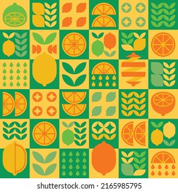 Abstract artwork of lemon fruit icon symbol. Simple vector art, geometric illustration of colorful citrus, oranges, limes, lemonade and leaves. Minimalist flat modern seamless pattern design. 