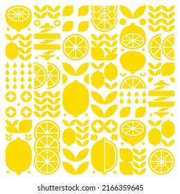 Abstract artwork of lemon fruit pattern icons. Simple vector art, geometric illustration of citrus, orange, lime, lemonade and leaves silhouettes. Minimalist flat modern design on white background.