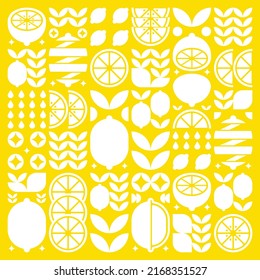 Abstract artwork of lemon fruit pattern icons. Simple vector art, geometric illustration of citrus, orange, lime, lemonade and leaves silhouettes. Minimalist flat modern design on yellow background.