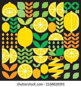 Abstract artwork of lemon fruit pattern icon. Simple vector art, geometric illustration of yellow citrus symbols, oranges, limes, lemonade and leaves. Minimalist flat modern design, black background.