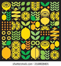 Abstract artwork of lemon fruit pattern icon. Simple vector art, geometric illustration of yellow citrus symbols, oranges, limes, lemonade and leaves. Minimalist flat modern design, black background.