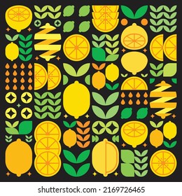 Abstract artwork of lemon fruit pattern icon. Simple vector art, geometric illustration of yellow citrus symbols, oranges, limes, lemonade and leaves. Minimalist flat modern design, black background.