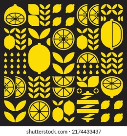 Abstract artwork of lemon fruit pattern icons symbol. Simple vector art, geometric illustration of yellow citrus, orange, lime, lemonade and leaves. Minimalist flat modern design on black background.