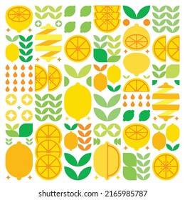 Abstract artwork of lemon fruit symbol icon. Simple vector art, geometric illustration of colorful citruses, oranges, limes, lemonade and leaves. Minimalist flat modern design on white background.