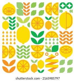 Abstract artwork of lemon fruit symbol icon. Simple vector art, geometric illustration of colorful citruses, oranges, limes, lemonade and leaves. Minimalist flat modern design on white background.