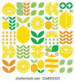 Abstract artwork of lemon fruit symbol icon. Simple vector art, geometric illustration of colorful citruses, oranges, limes, lemonade and leaves. Minimalist flat modern design on white background.