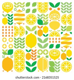 Abstract artwork of lemon fruit symbol icon. Simple vector art, geometric illustration of colorful citruses, oranges, limes, lemonade and leaves. Minimalist flat modern design on white background.