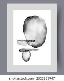 Abstract artwork with monochrome spots and different figures symbolizing chaos or aesthetics. Abstract poster with asymmetrical figures in style of surrealism for minimalist apartment interior design.