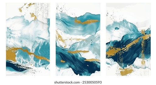 Obra de arte Abstractas de paleta de inspiración montañesa de verde azulado, blanco y dorado, una impresionante ilusión de los picos de la naturaleza en lienzo. Ilustración vectorial con pinceladas fluidas y colores ricos