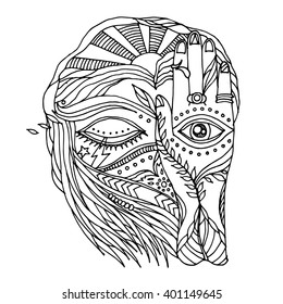 abstract artwork open, close eyes and mind human with nature natural element, vector illustration design hand drawn