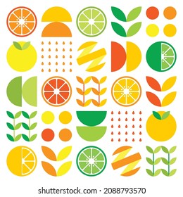 Abstract artwork of orange fruit symbol icon. Simple flat vector of fruits. Illustration of colorful orange geometry, lemon, lime, minimalist style. Suitable for poster background, wallpaper, or web.
