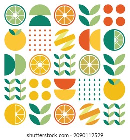 Abstract artwork of orange fruit symbol icon. Simple flat vector of fruits on white background. Colorful orange geometric illustration, lemon, lime, minimalist style. Good for poster, web, or banner.