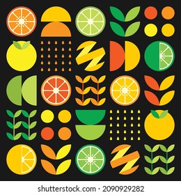 Abstract artwork of orange fruit symbol icon. Simple flat vector of fruits on black background. Colorful orange geometric illustration, lemon, lime, minimalist style. Good for poster, web, or banners.