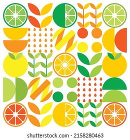 Abstract artwork of orange fruit symbol icon. Simple vector art, geometric illustration of colorful citruses, lemons, lemonade, limes and leaves. Minimalist citrus flat design on white background.