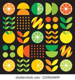 Abstract artwork of orange fruit symbol icon. Simple vector art, geometric illustration of colorful citruses, lemons, lemonade, limes and leaves. Minimalist citrus flat design on black background.