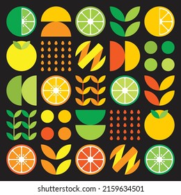 Abstract artwork of orange fruit symbol icon. Simple vector art, geometric illustration of colorful citruses, lemons, lemonade, limes and leaves. Minimalist citrus flat design on black background.