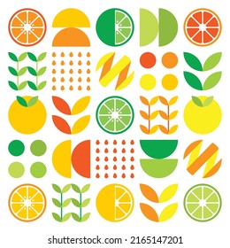 Abstract artwork of orange fruit symbol icon. Simple vector art, geometric illustration of colorful citruses, lemons, lemonade, limes and leaves. Minimalist citrus flat design on white background.