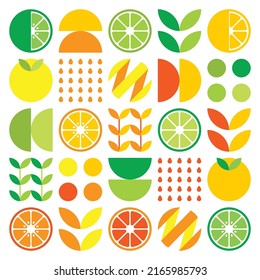 Abstract artwork of orange fruit symbol icon. Simple vector art, geometric illustration of colorful citruses, lemons, lemonade, limes and leaves. Minimalist citrus flat design on white background.