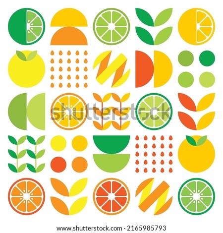 Abstract artwork of orange fruit symbol icon. Simple vector art, geometric illustration of colorful citruses, lemons, lemonade, limes and leaves. Minimalist citrus flat design on white background.