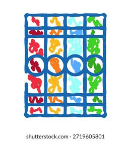 Obra de arte Abstractas que presenta un patrón de cuadrícula vibrante lleno de garabatos gestuales en varios colores brillantes, ilustrando un concepto de Diseño gráfico alegre y juguetón
