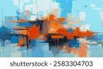 Abstract artwork presents a dynamic interplay of cool and warm tones, contrast between vivid blue and fiery orange. Urban landscape with vertical and horizontal brushstroke