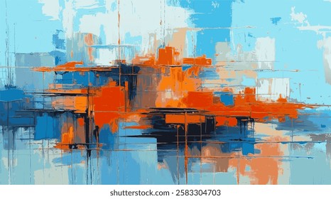 Abstract artwork presents a dynamic interplay of cool and warm tones, contrast between vivid blue and fiery orange. Urban landscape with vertical and horizontal brushstroke