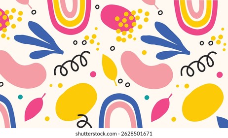 Abstract artwork with rainbow elements, leaves, and dynamic shapes in pink, blue, and yellow. Great for fun, bright branding or web use.