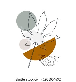 Abstract artwork in scandinavian style. Modern vector illustration with tropical palm leaf one line art, dots texture, minimal geometric shape for minimalist print, cover, boho home decor, wallpaper