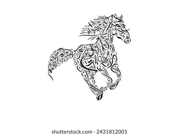 Abstract artwork in shape of Arabian running horse, made of modern Arabic alphabet. Letters TRANSLATED: No logical meaning, only artwork arrangements