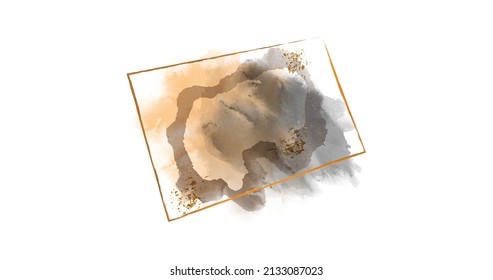Abstract artwork with stone shape illustration and golden splash in a gold frame for wall decoration, postcard, or brochure design
