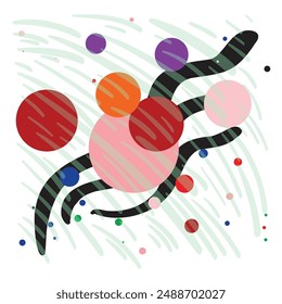 Abstract artwork of swirling lines, overlapping circles, and vibrant colors. Art composition pattern, shades of green, red, pink, hand drawn shapes and patterns, dynamic wall decor