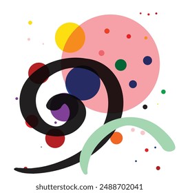 Abstract artwork of swirling lines, overlapping circles, and vibrant colors. Art composition pattern, shades of green, red, pink, hand drawn shapes and patterns, dynamic wall decor