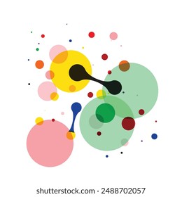 Abstract artwork of swirling lines, overlapping circles, and vibrant colors. Art composition pattern, shades of green, red, pink, hand drawn shapes and patterns, dynamic wall decor