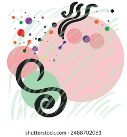 Abstract artwork of swirling lines, overlapping circles, and vibrant colors. Art composition pattern, shades of green, red, pink, hand drawn shapes and patterns, dynamic wall decor