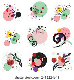 Abstract artwork of swirling lines, overlapping circles, and vibrant colors. Art composition pattern, shades of green, red, pink, hand drawn shapes and patterns, dynamic wall decor set