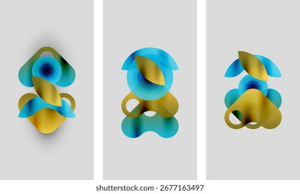 Abstract artwork. Three panels display overlapping colorful shapes, blues, golds, gradients. Minimalist design, soft shadows present.