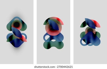 Abstract artwork. Three panels display overlapping translucent shapes, red, blue, green hues. Minimalist design, soft gradients present.