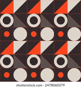 Abstraktes Kunstwerk der Vektorgrafik geometrische Formen. Geometrische Vektorgrafik nahtlose Farbmuster. Vektorgrafik Hintergrund mit bunten, schlichten geometrischen Formen. Bauhaus Konstruktive Stilfliesen. Cover-Design.