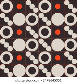 Abstract artwork of vector geometric shapes. Geometric vector seamless color pattern with circles and dots. Vector background with simple geometrical shapes. Bauhaus constructive style tiles.