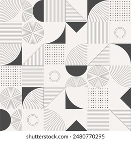 Abstract artwork of vector geometric shapes. Geometric vector seamless pattern. Vector black and white background with simple geometrical shapes. Bauhaus constructive style tiles. Cover design.