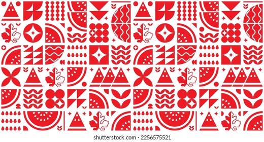 Abstract artwork of watermelon fruit pattern icon set. Simple flat vector art, illustration of cut watermelon symbols, leaves, seeds and various geometric shapes. Grocery silhouette, modern design.