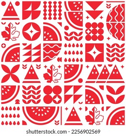 Abstract artwork of watermelon fruit pattern icon set. Simple flat vector art, illustration of cut watermelon symbols, leaves, seeds and various geometric shapes. Grocery silhouette, modern design.