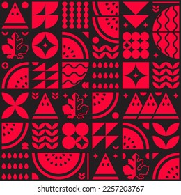 Abstract artwork of watermelon fruit pattern icon set. Simple flat vector art, illustration of cut watermelon symbols, leaves, seeds and various geometric shapes. Grocery silhouette, modern design.
